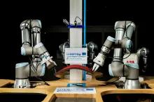 A robot cell comprised of two UR10e collaborative robots and a vision system